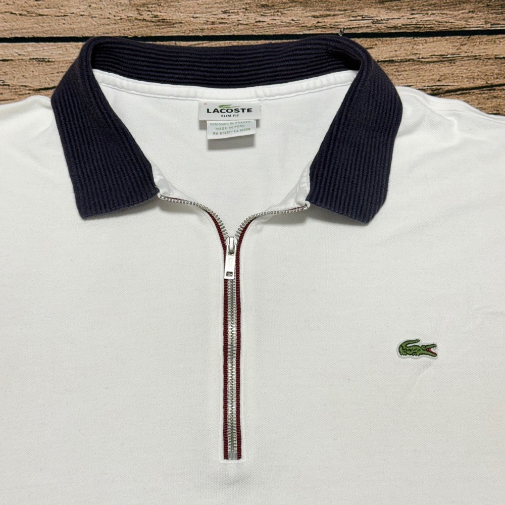 Lacoste Polo Shirt Men 6 White Slim Fit Quarter Zip Short Sleeve Pique F8331